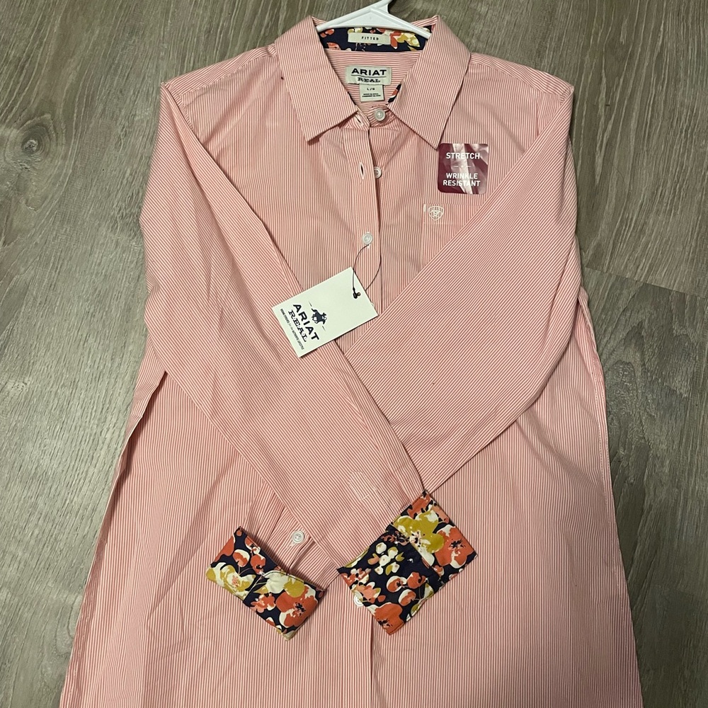 Ariat Pink and White Striped pearl Snap